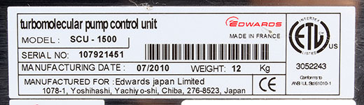 MODEL: SCU-1500 MANUFACTURED FOR: Edwards Japan Limited