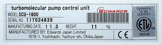 MODEL: SCU-1600 MANUFACTURED BY: Edwards Japan Limited
