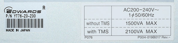 EDWARDS P/N YT76-Z0-Z00 AC200-240V~ 1φ 50/60Hz
